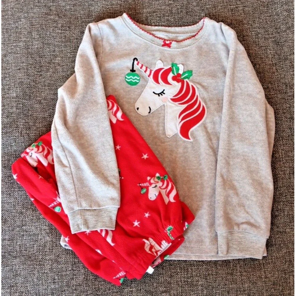 Pajamas 3T Girls Carters Holiday Unicorn Gray Red Pants Long Sleeve Set